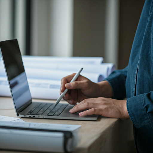 Profesional de construcción revisando planos digitales en una tablet